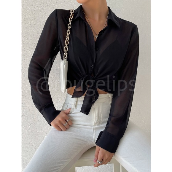 Black Sheer Chiffon Button Down Shirt Long Sleeve - Picture 3 of 8
